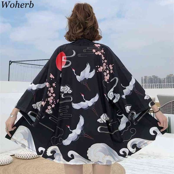 

yukata female kimono cardigan shirt harajuku crane prtint blusas woman blouse obi haori japanese streetwear summer 210519, White