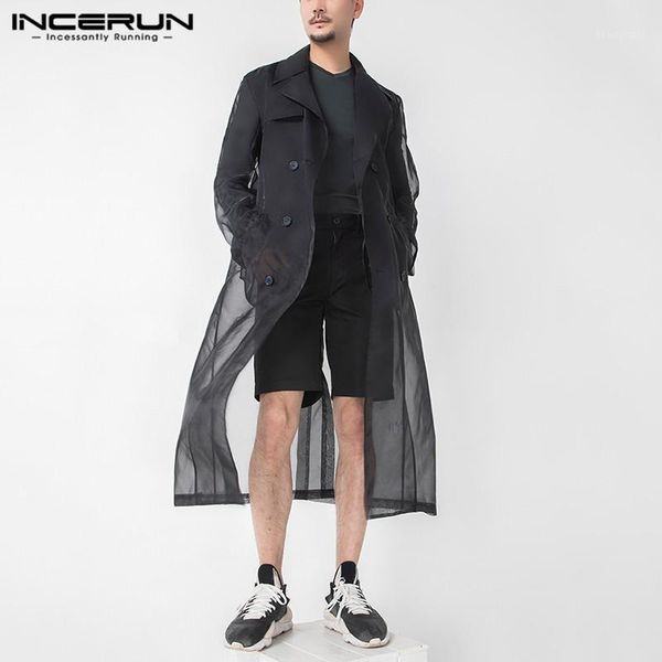 

men's trench coats incerun man see through streetwear mens mesh long sleeve lapel jackets fashion double breasted outerwear s-5xl, Tan;black