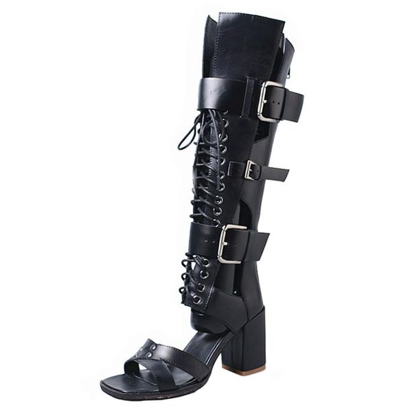 

fashion women summer boots lace-up 8cm ;/.chunky high heel sandals hollow out knee straps gladiator sandal, Black