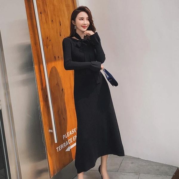 

casual dresses autumn winter women patchwork striped knit sweater dress o-neck long sleeve fashion elegant slim female, Black;gray