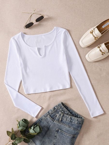 

notched neck long sleeve 54ru#, White