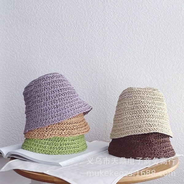 

ins style cream color children's straw hat simple kids baby summer shade bucket fisherman children casual caps & hats, Yellow