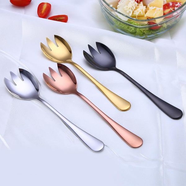

forks 2 pcs stainless steel salad spoon set 2-in-1 fork 19.7*4.7cm multi-color tbs cutlery for fruit noodles vegetables