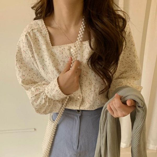 

womens and blouses 2021 korean button chiffon print slash neck puff sleeve ladies women long shirts 0661 women's &, White