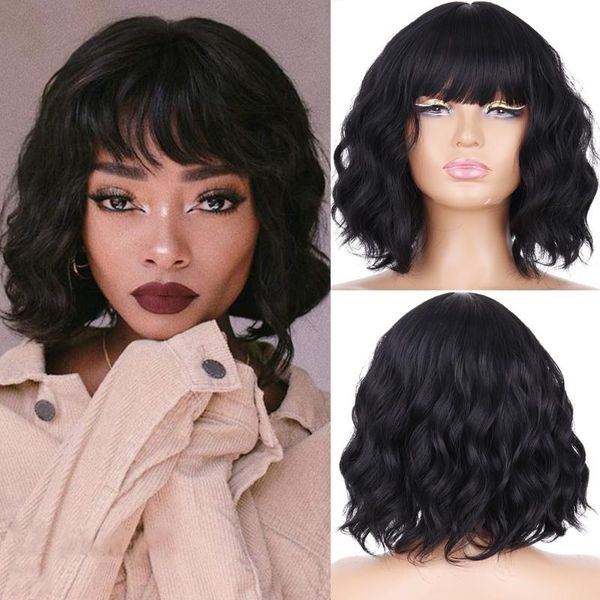 

synthetic wigs lisihair short wavy ombre bob for women natural heat resistant fiber hair lolita cosplay with bangs, Black