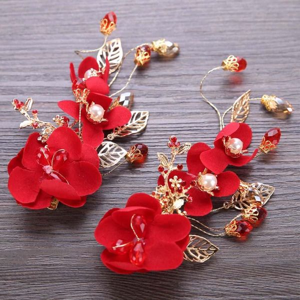 

hair clips & barrettes woman red flower crystal bridal accessories bride hairpin bridesmaid barrette 2021 chinese vintage, Golden;silver