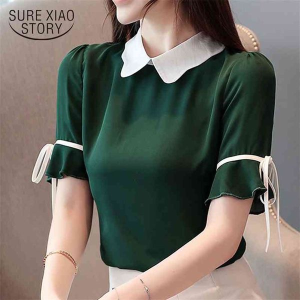 

korean fashion clothing chiffon blouse women's short bow solid peter pan collar ladies shirts 3463 50 210510, White