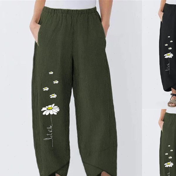

summer trousers small daisies women pant wide leg loose flower print, Black;white