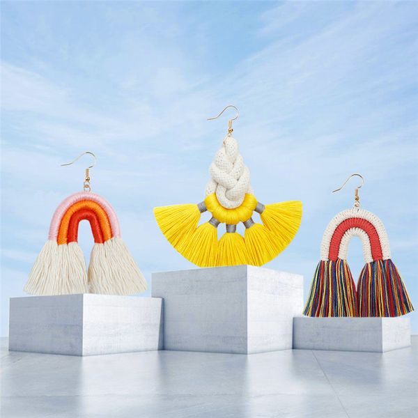 

rainbow macrame dangles for women trendy design leaf tassel fringed drop earrings bohemian weave cotton thread jewelry, Silver