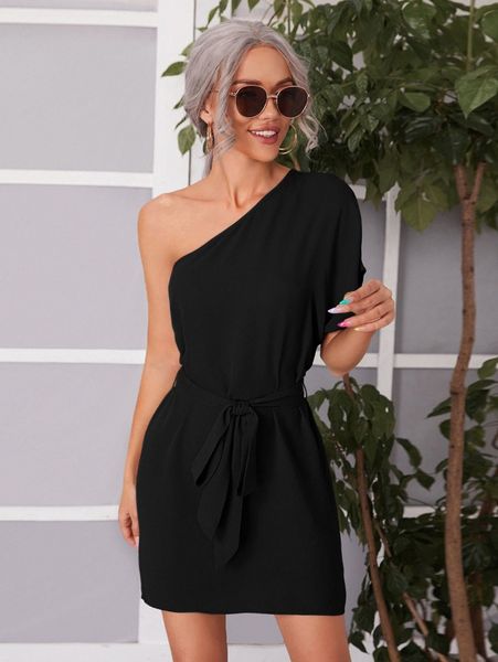 

one shoulder solid belted dress p2a7#, Black;gray