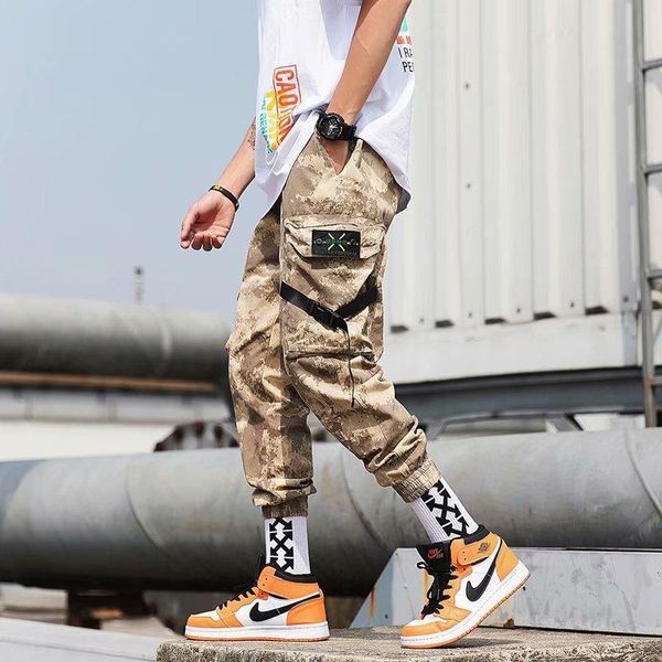 

men's pants camo cargo hip hop mens pockets patchwork ribbon trousers man casual streetwear camouflage big size 4xl 5xl, Black