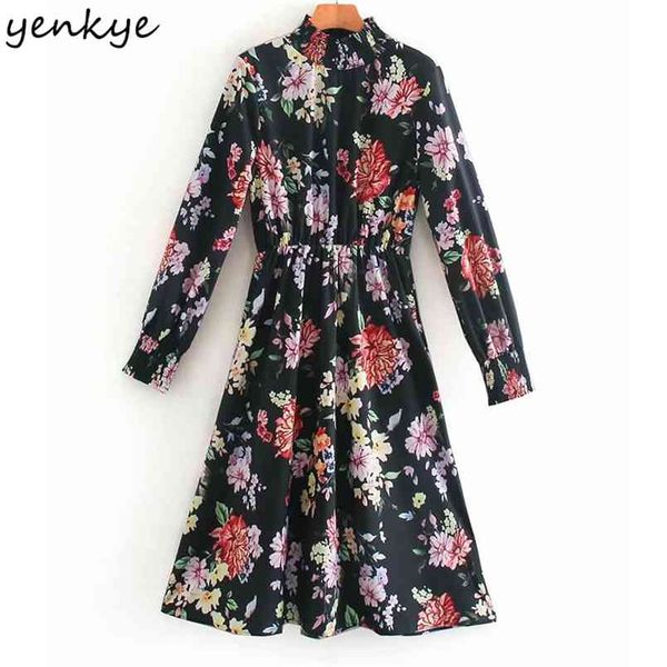

fashion women vintage multicolor floral print dress long sleeve stand collar elastic waist midi a-line plus size 210514, Black;gray