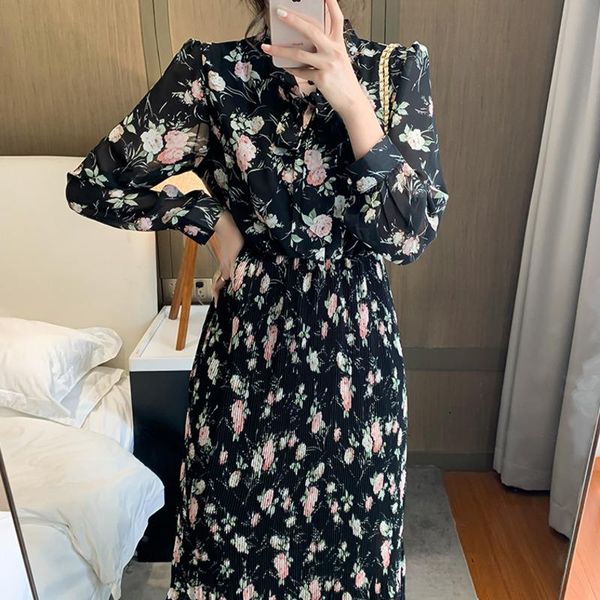 

vintage floral print woman dress high waist long sleeve elegant bow pleated chic spring summer midi dresses 2021 loose casual, Black;gray