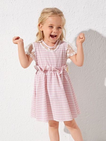 

toddler girls contrast mesh ruffle trim plaid dress she, Red;yellow