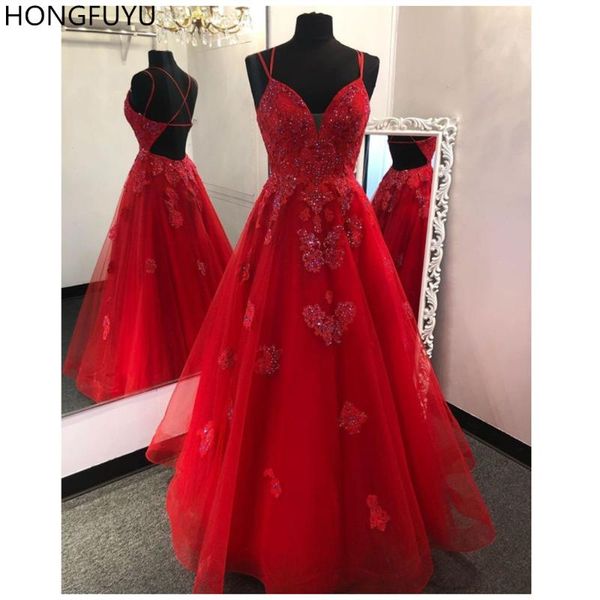 

party dresses hongfuyu 2021 tulle red evening gowns vestidos de gala spaghetti straps prom long appliques lace formal dress backless, White;black