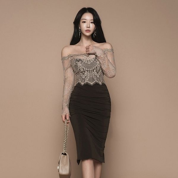 

spring fashion elegant women slash neck lace patchwork pencil sheath party dress bodycon vestido dresses 210531, Black;gray