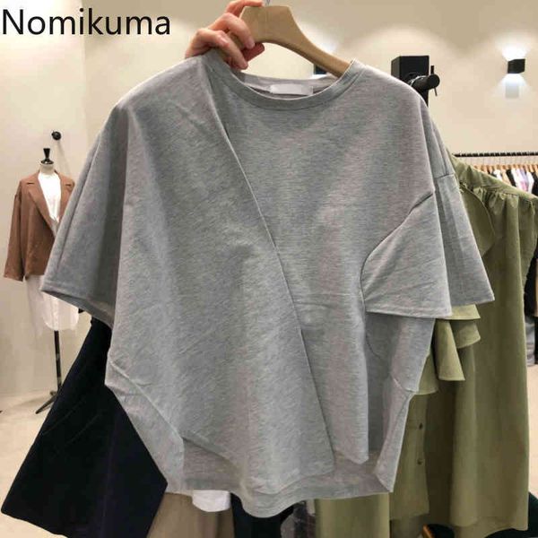 

nomikuma korean irregular patchwork woman tshirt causal short sleeve o-neck graphic t shirts summer new solid tees 6h184 210427, White