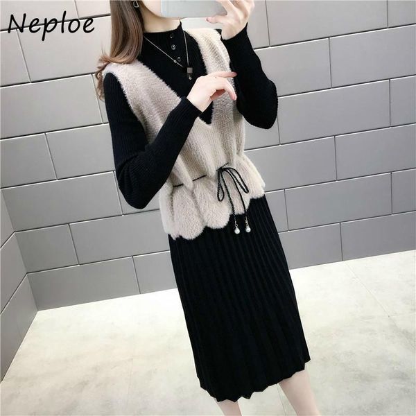 

women's tracksuits neploe chic 2 piece set turtleneck slim fit warm knitted dress women + solid color v-neck drawstring vest 2021 fashi, Gray