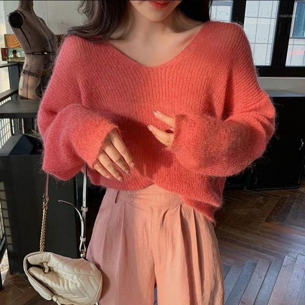 

autumn women sweater and pullovers v-neck thin knitted long sleeve pull femme mohair women's sweaters, White;black