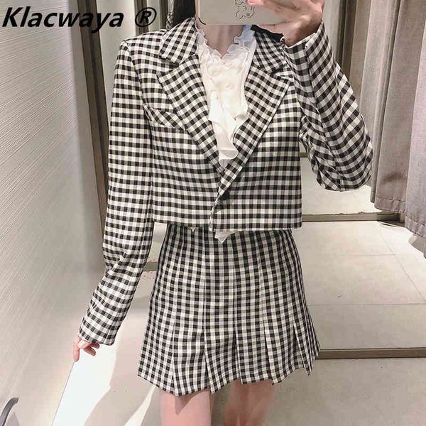 

women black and white plaid cropped blazer single button elegant chic checked suit jacket fashion ladies coat 210521, White;black