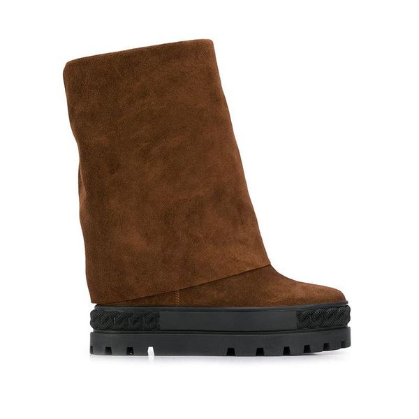 

boots ins woman brown suede leather round toe high wedge heel platform ridged sole folded, Black