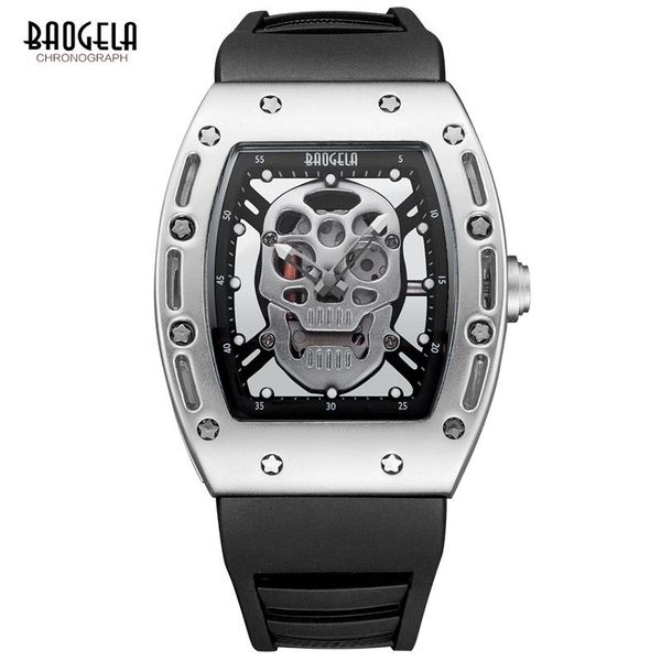 

baogela fashion skeleton silicone strap quartz wrist watches luminous waterproof relogios masculinos clock 1612g-silver wristwatches, Slivery;brown
