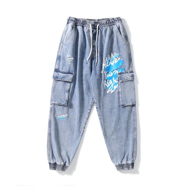 

fashionable men's jeans with foot binding style tooling pocket, Blue