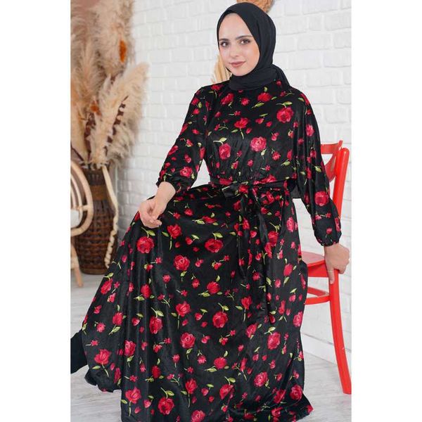 

ethnic clothing floral and rose patterned velvet dress winter season muslim islamic abaya women kaftan open long africa, Red