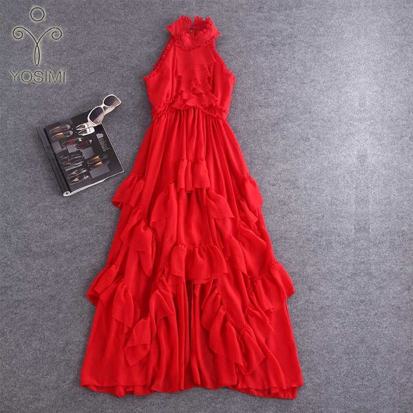 YOSIMI Sommerkleid Maxi Elegant Rot Chiffon Vintage Rüschen Lange Frauen Sexy Party Stehkragen Strand Weiblich 210604