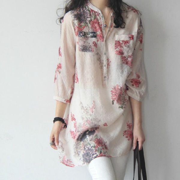 

korean style long chiffon blouse women 3/4 sleeve floral printed shirt with pocket casual button loose blusas women's blouses & shirts, White