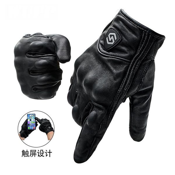 

cycling gloves motorcycle riding all finger touch screen wind proof leather cross-country racing outdoor protective sports, Black
