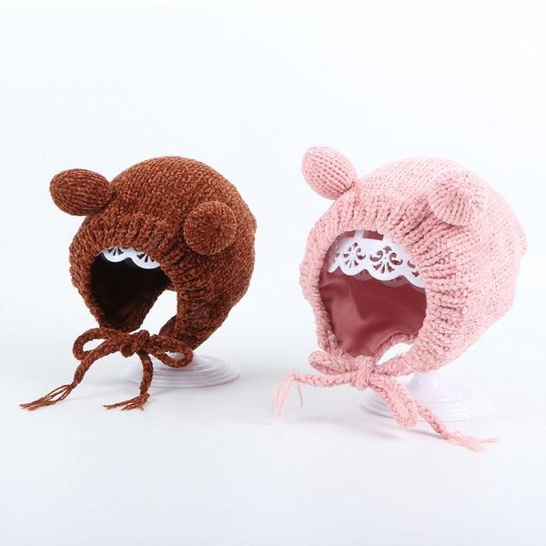 

caps & hats winter warm knitted baby hat soft bear ear boy girl cap beanies solid color protection toddler bonnet, Yellow