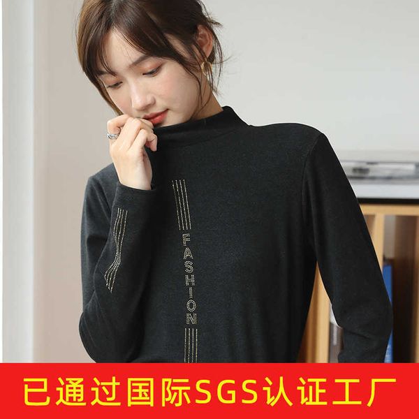 

2021 new autumn and winter long sleeve bottoming shirt women's half high neck thickened t-shirt baicao silk jacket pullover women', White