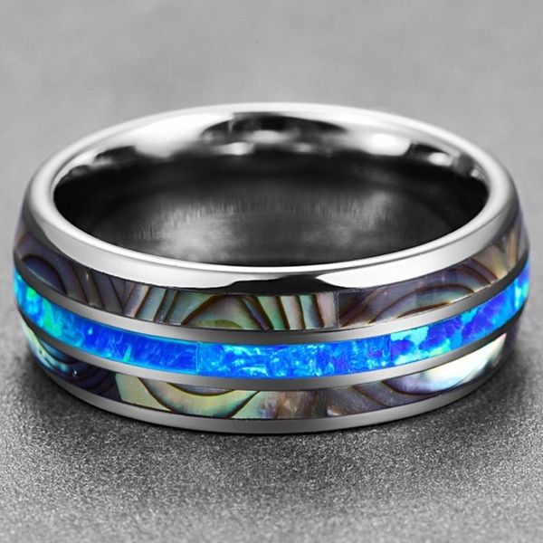 

cluster rings 8mm wide inlaid shells blue opal stainless steel men never fade engagement ring men's jewelry, Golden;silver