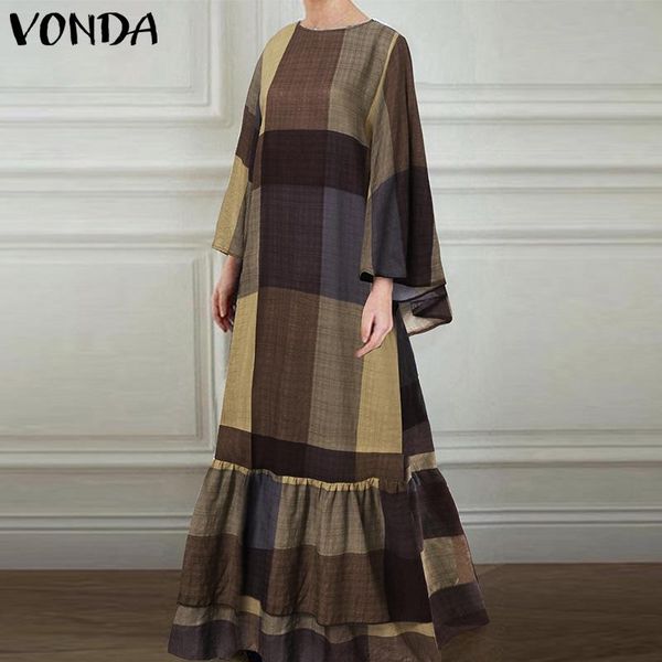 

casual dresses vonda vintage plaid patchwork women maxi long dress 2021 sundress sleeve printed ruffled hem vestido oversized robe, Black;gray