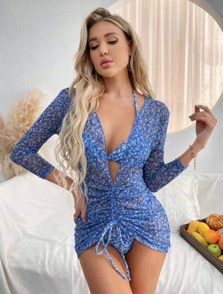 

women's swimwear 3pcs women blue flower print bikini set long sleeve deep v-neck drawstring cover up beach bathing dress swimsuit sets, White;black