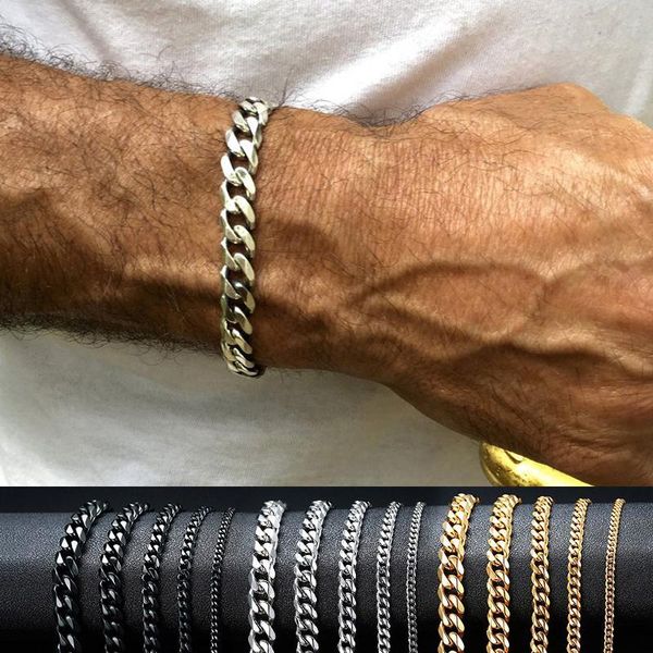 

link, chain punk silver color curb bracelet fashion women men's stainless steel bangle bracelets 3mm 5mm 7mm 9mm 11mm, Black