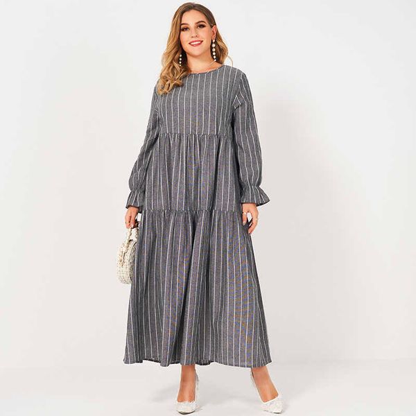 

casual dresses summer women plus size grey loose cotton vertical stripede draped o-neck lantern long sleeved large maxi robes 46y9, Black;gray