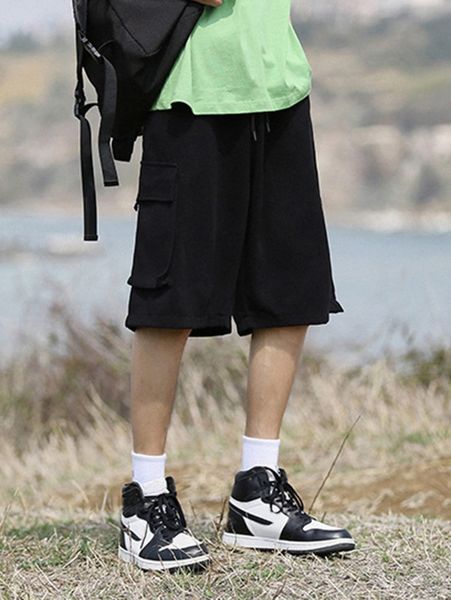 

men flap pocket side drawstring waist shorts 38ud#, Black