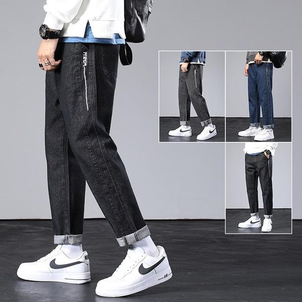

men's jeans straight loose men 2021 four seasons korean version tide brand embroidery wide leg cropped trousers trendy boutique, Blue