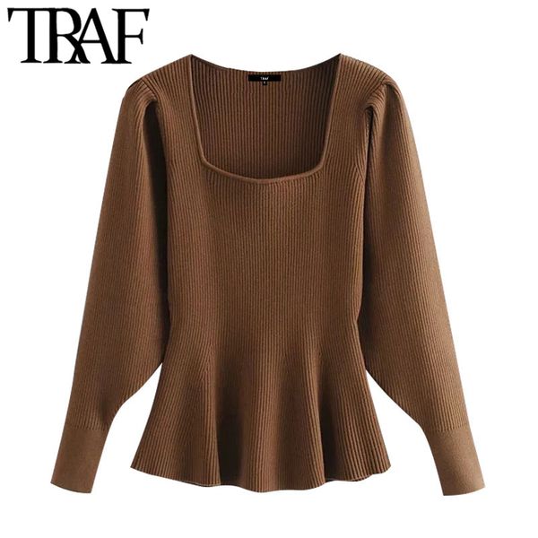 

traf women fashion flared hem knitted sweater vintage square collar puff sleeve female pullovers chic 210415, White;black