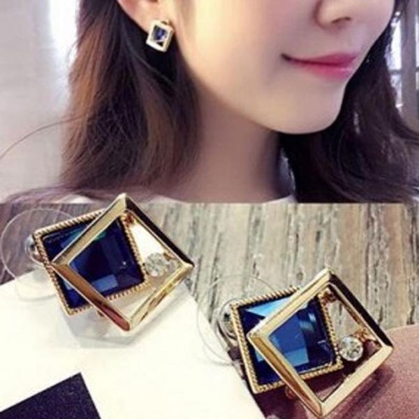 

stud 12pair wholesale women statement earrings square crystal lady earring metal pendientes girl ear jewelry for woman, Golden;silver