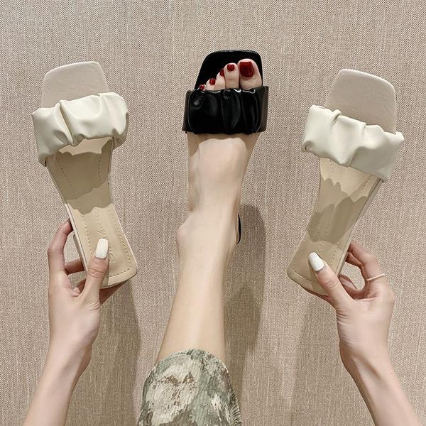 

slippers shoes low square toe women summer pantofle luxury slides big size 2021 designer block rome pu hoof heels rubber fabric, Black