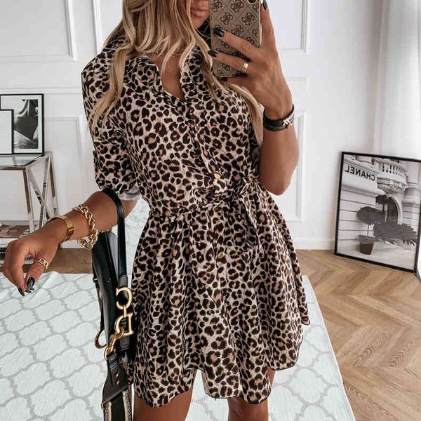 Leopard-Hemd-Kleider Frauen-lange Hülsen-Umlegekragen-Schärpen-Minikleid-Herbst-Art- und Weiseeinzelknopf-Büro-Dame-reizvolles Kleid 210415