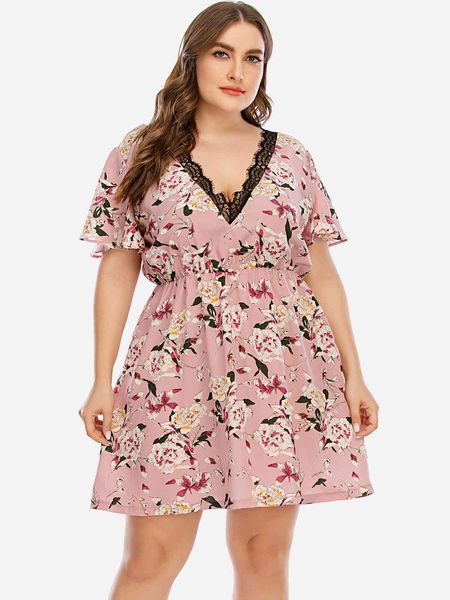 

plus size dresses hy86212# large floral v-ne short sleeve waist wear
