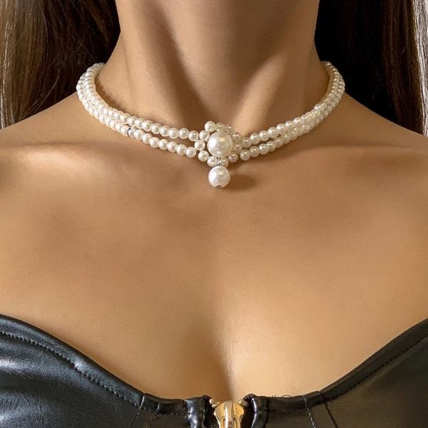 

chains cosysail simple double-layer pearl choker necklace for female vintage pendant short party statement jewelry gift, Silver