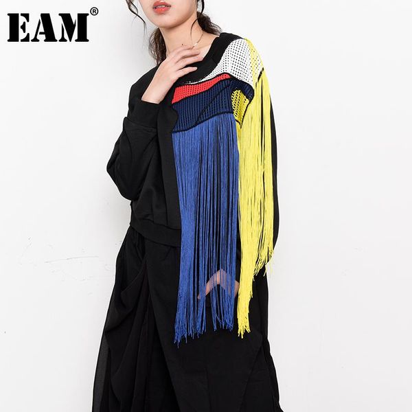 

[eam] loose fit colorful tassels sweatshirt round neck long sleeve women big size fashion tide spring autumn 2021 1d76101 women's hoodi, Black