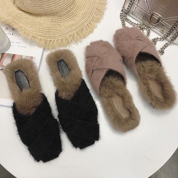 

slippers outside casual square heel winter women fur low fashion concise shoes closed toe solid sewing faux slides, Black