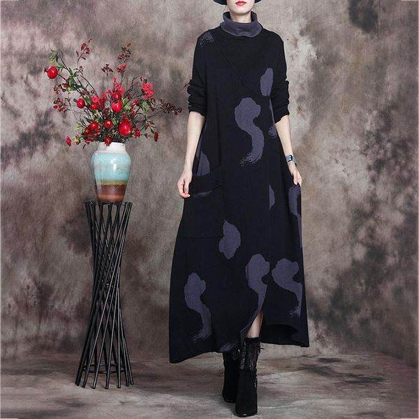 

casual dresses [ewq] dress women's loose print patchwork hit color high street full sleeve turtleneck 2021 spring autumn fashion tide g, Black;gray