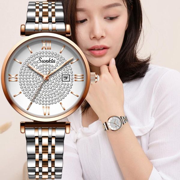 

wristwatches sunkta diamond surface watches for women ladies rose gold watch simple elegant quartz movt waterproof female, Slivery;brown